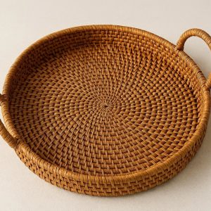 10 Round Rattan Woven Tray with Handles for Boho Home Decor
