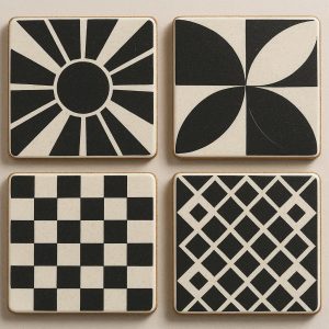 Cork Backed Ceramic Coasters Set of 4 with Geometric Patterns